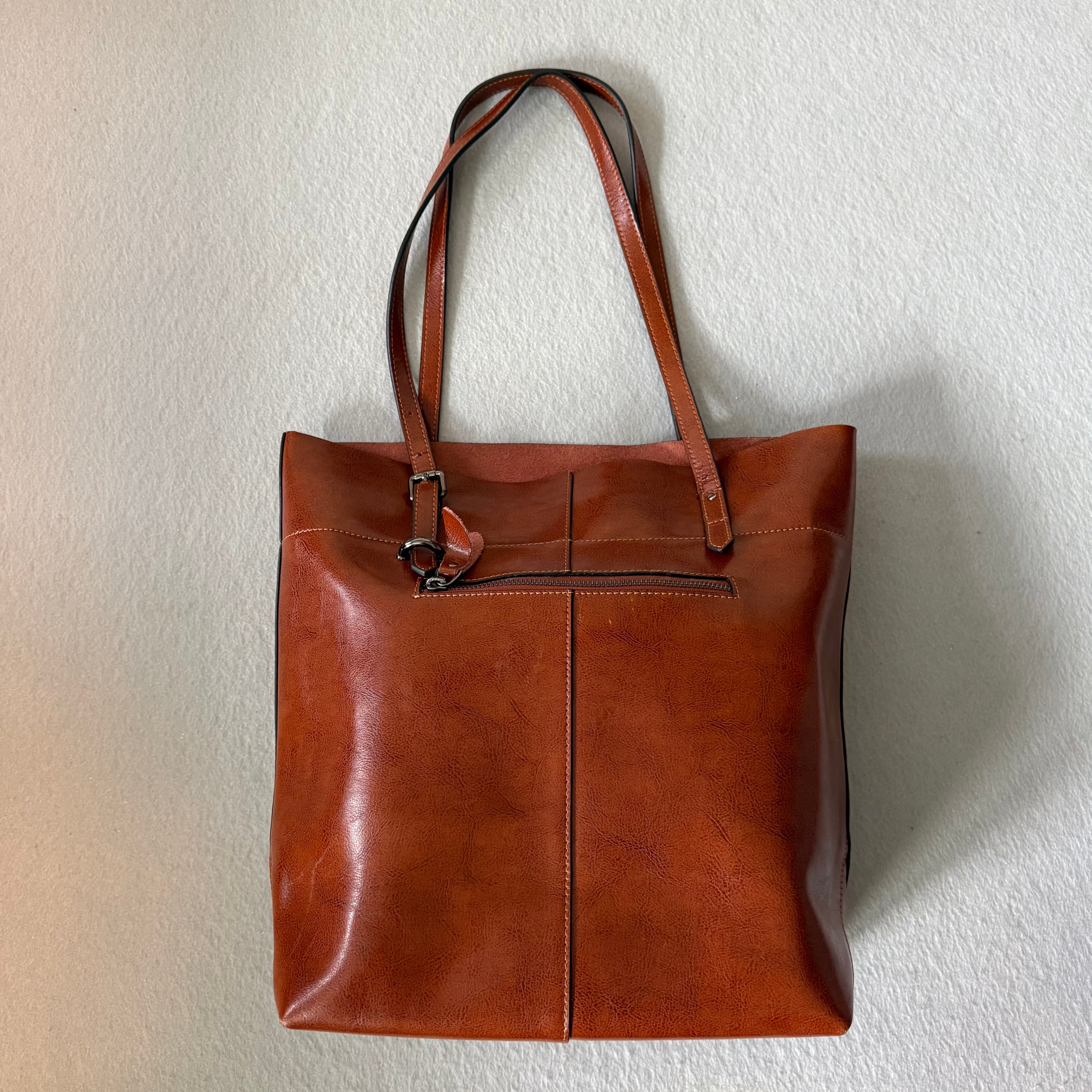 S-Zone Leather Tote Bag – Cognac Brown Minimalist Shoulder Bag