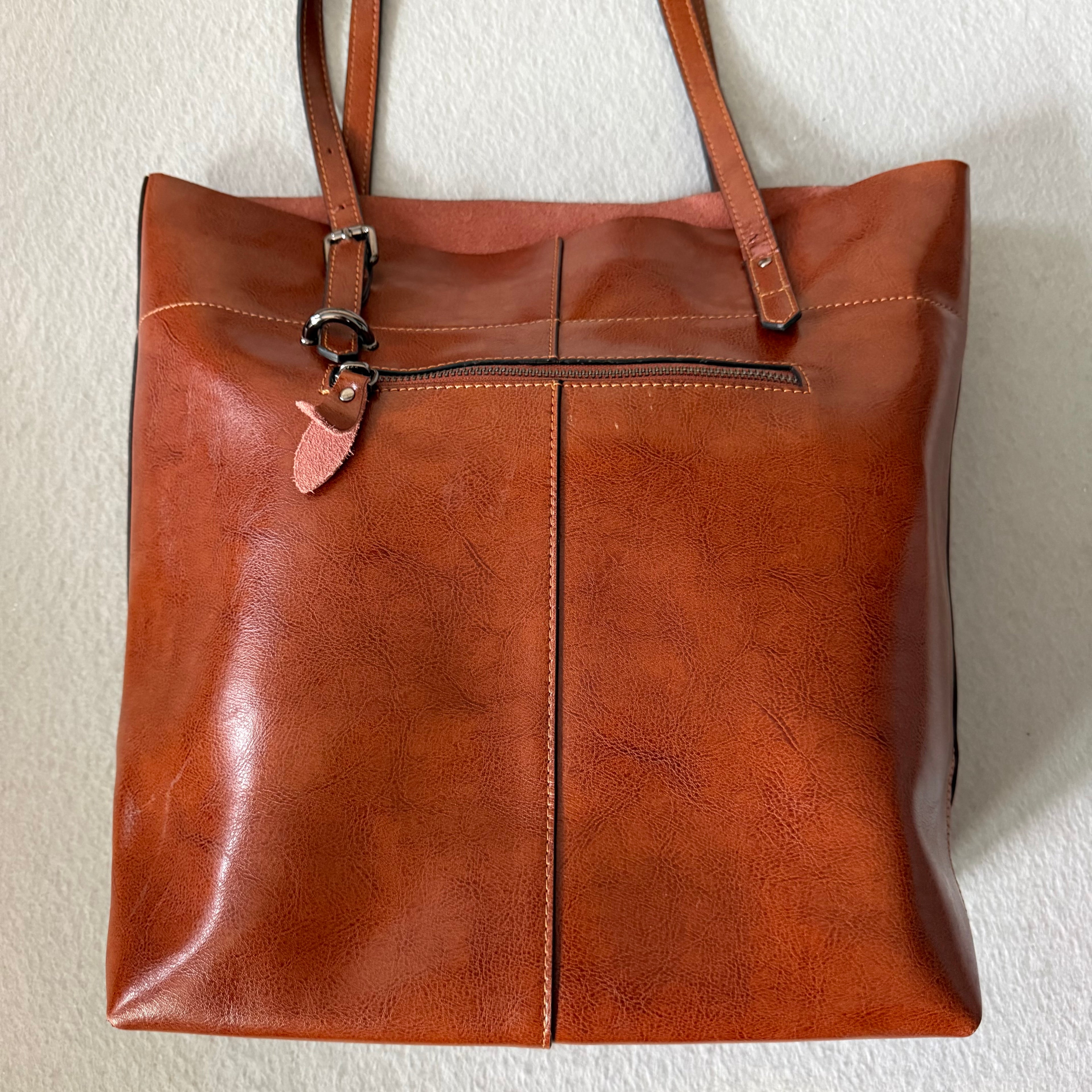 S-Zone Leather Tote Bag – Cognac Brown Minimalist Shoulder Bag