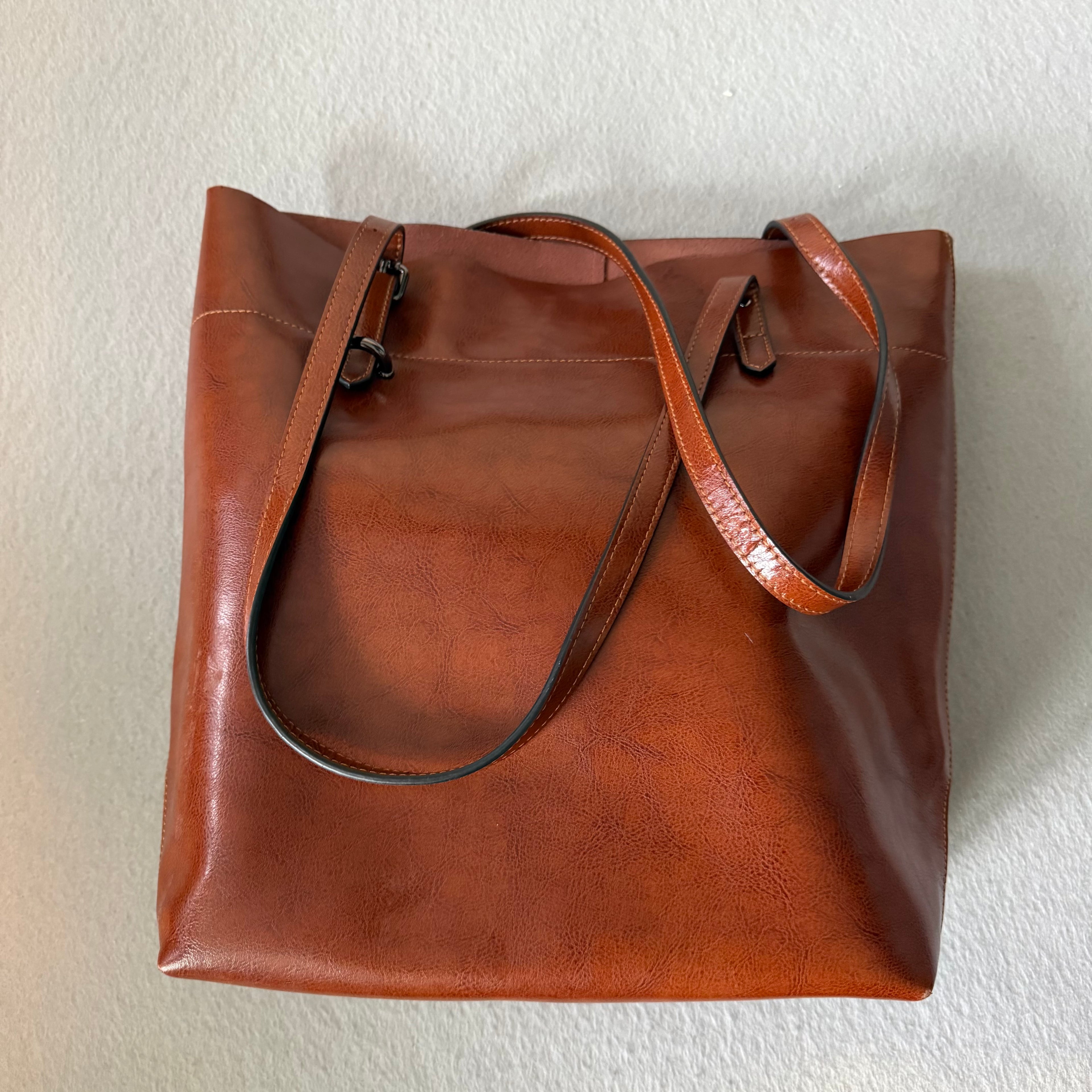 S-Zone Leather Tote Bag – Cognac Brown Minimalist Shoulder Bag