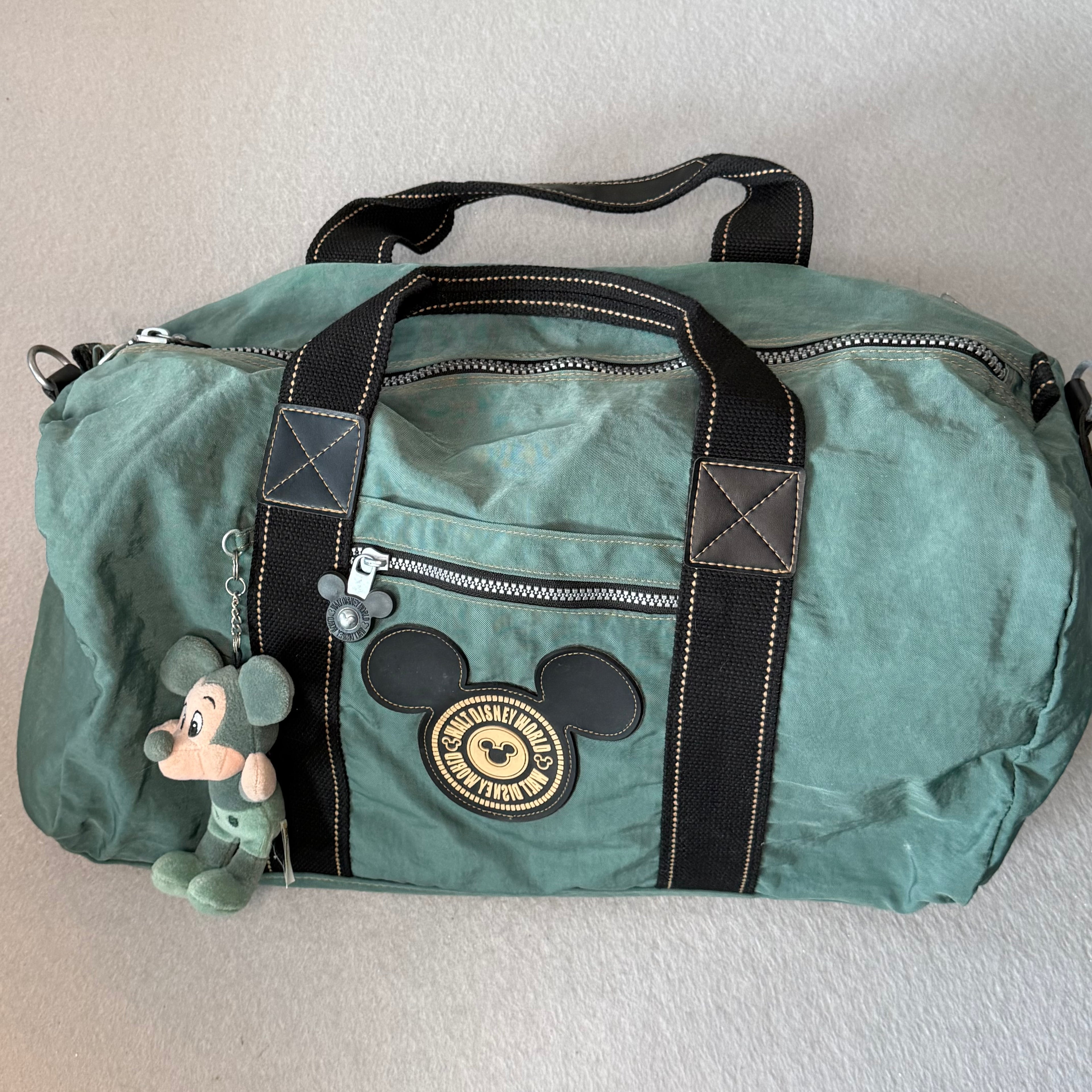 Vintage Walt Disney World Duffel Bag Mickey Mouse Travel Bag Teal Green 18” w/ Plush Keychain