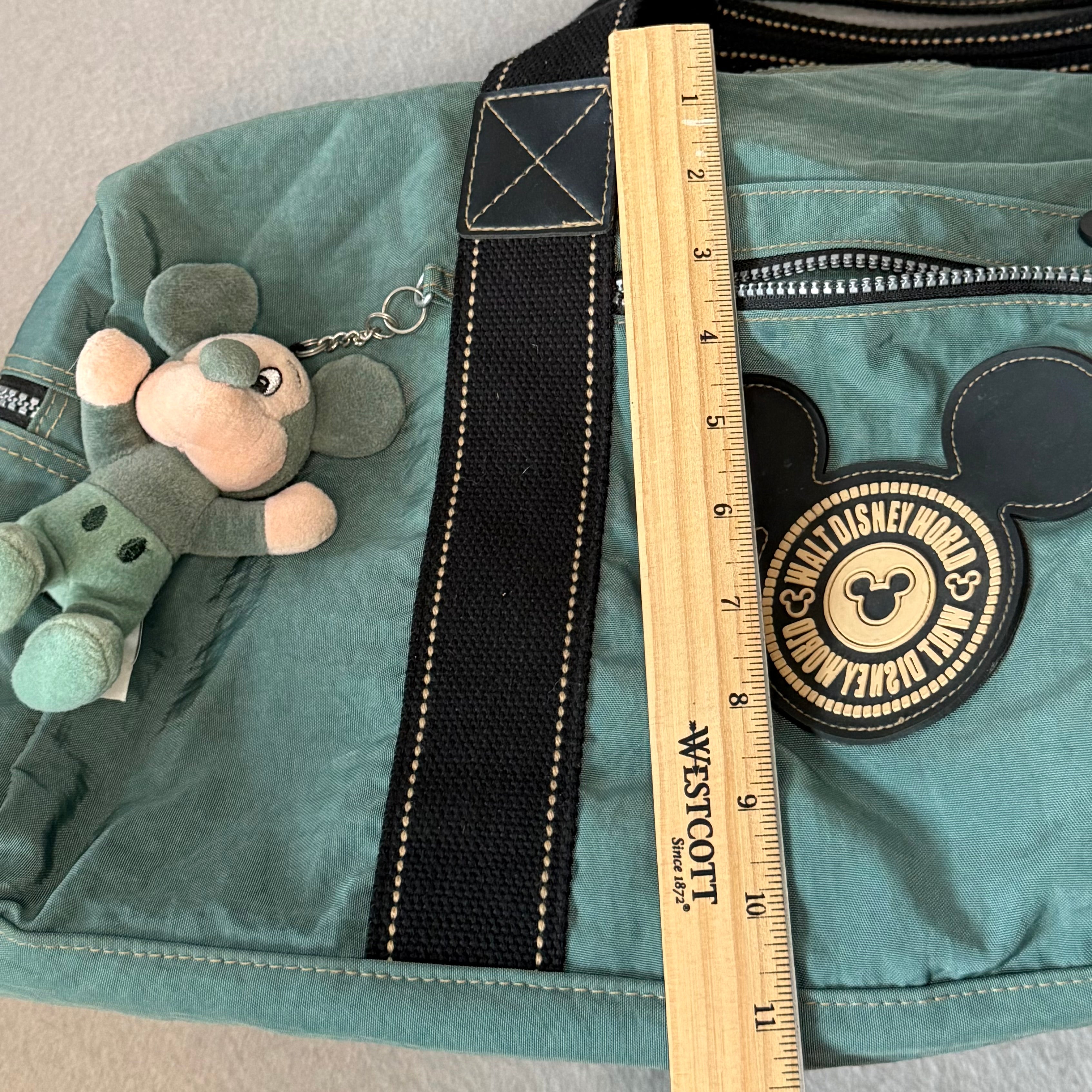 Vintage Walt Disney World Duffel Bag Mickey Mouse Travel Bag Teal Green 18” w/ Plush Keychain